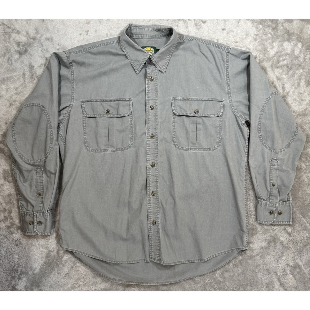 Cabelas Shirt Mens L Gray Button Up Chest Pockets Shirttail Hem Elbow Patches‎